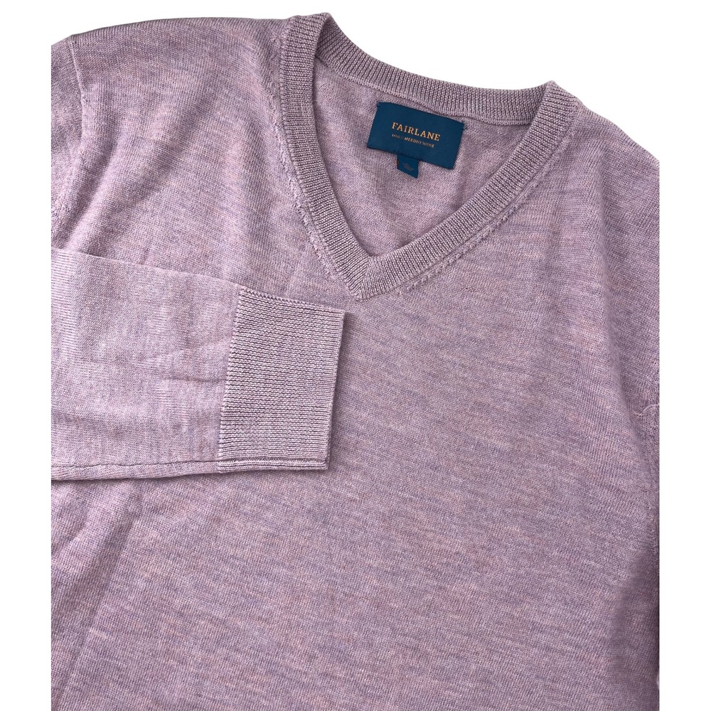 Fairlane Mens V-Neck Sweater 100% Merino Wool Purple Heathered Large L Fine Knit